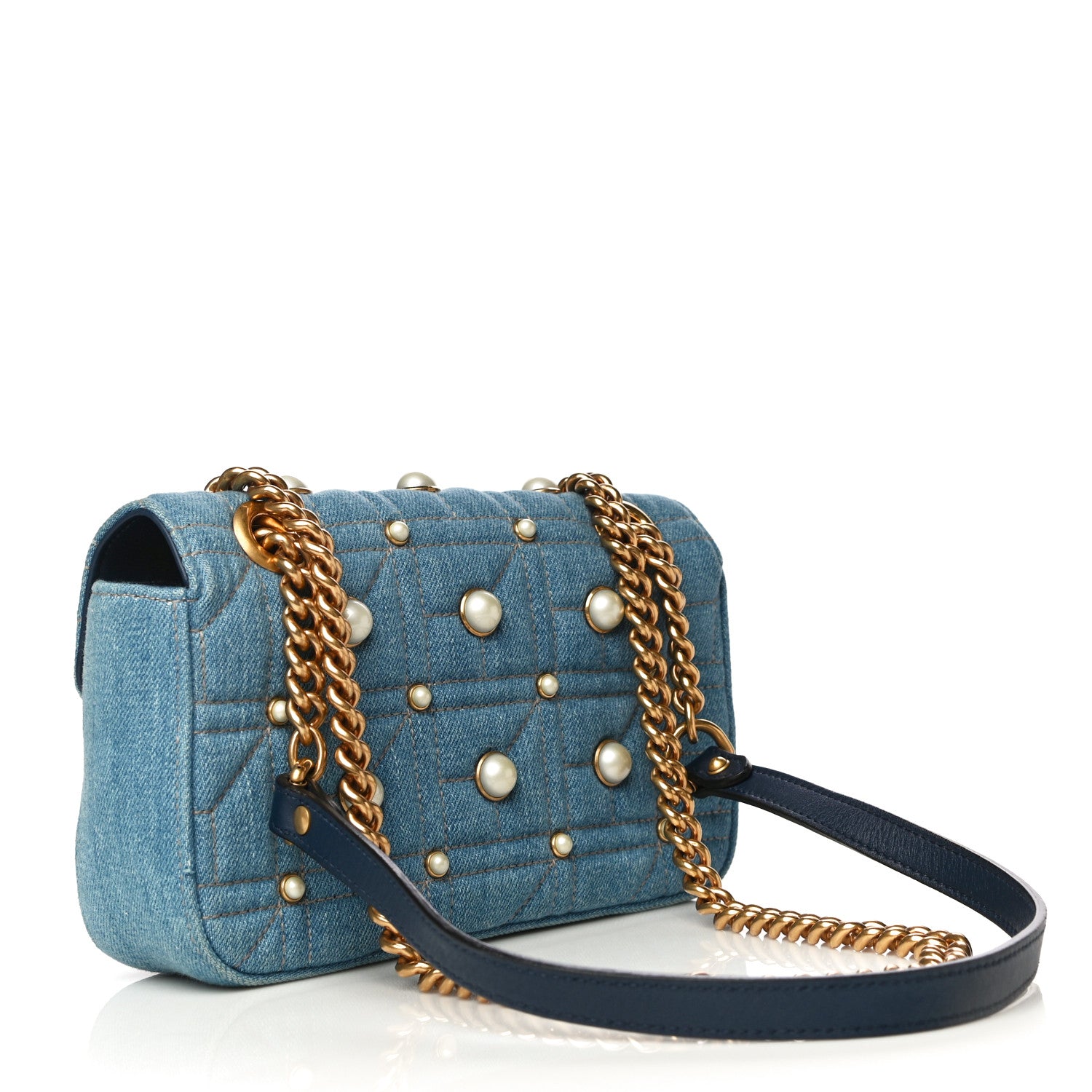 Gucci Denim Matelasse Pearl Studded Mini GG Marmont Shoulder Bag Blue 3 of 15