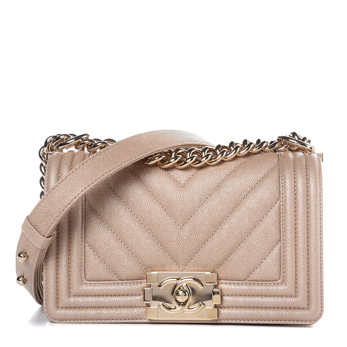 Caviar Chevron Quilted Small Boy Flap Light Beige