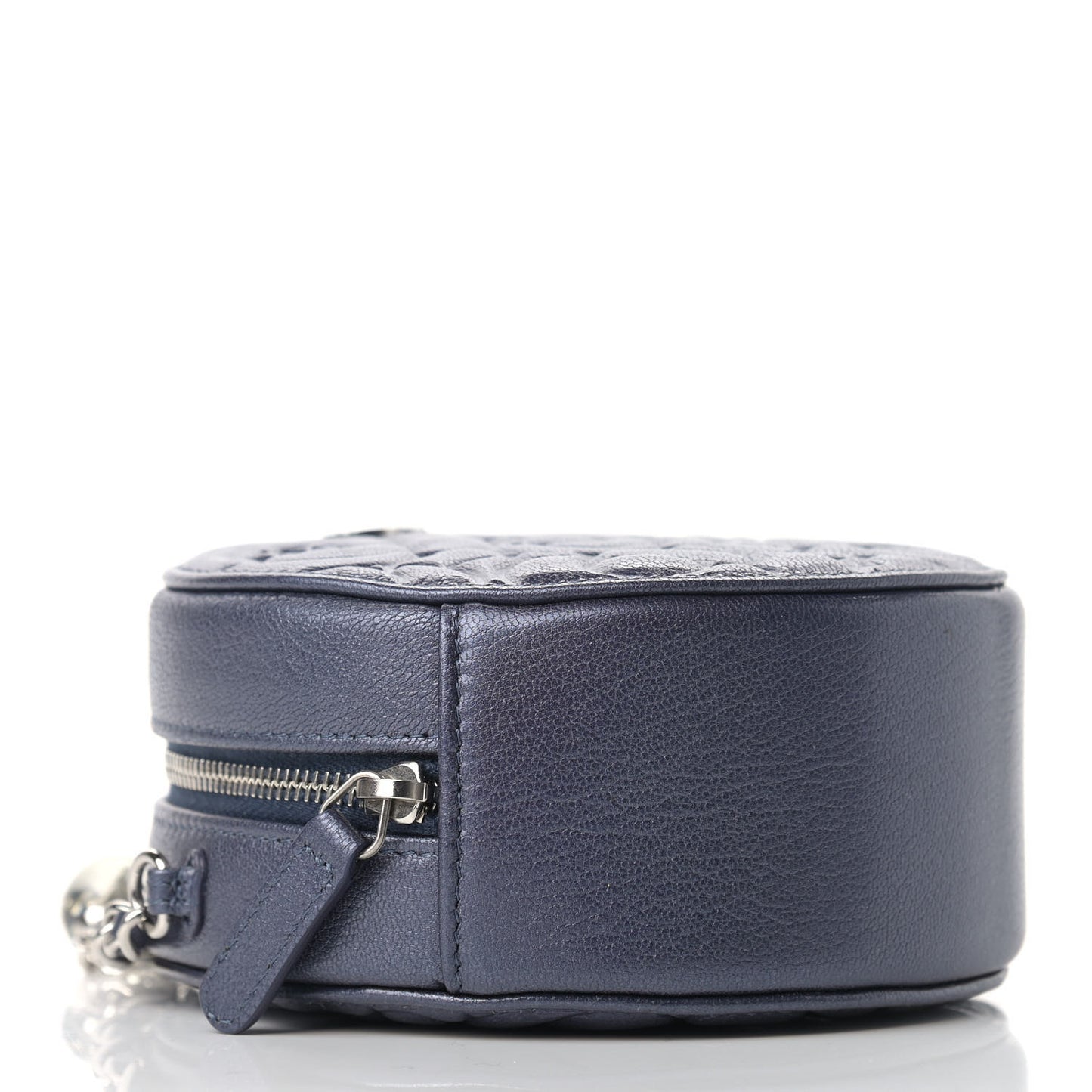 Goatskin Camellia Embossed Round Clutch With Chain Dark Blue