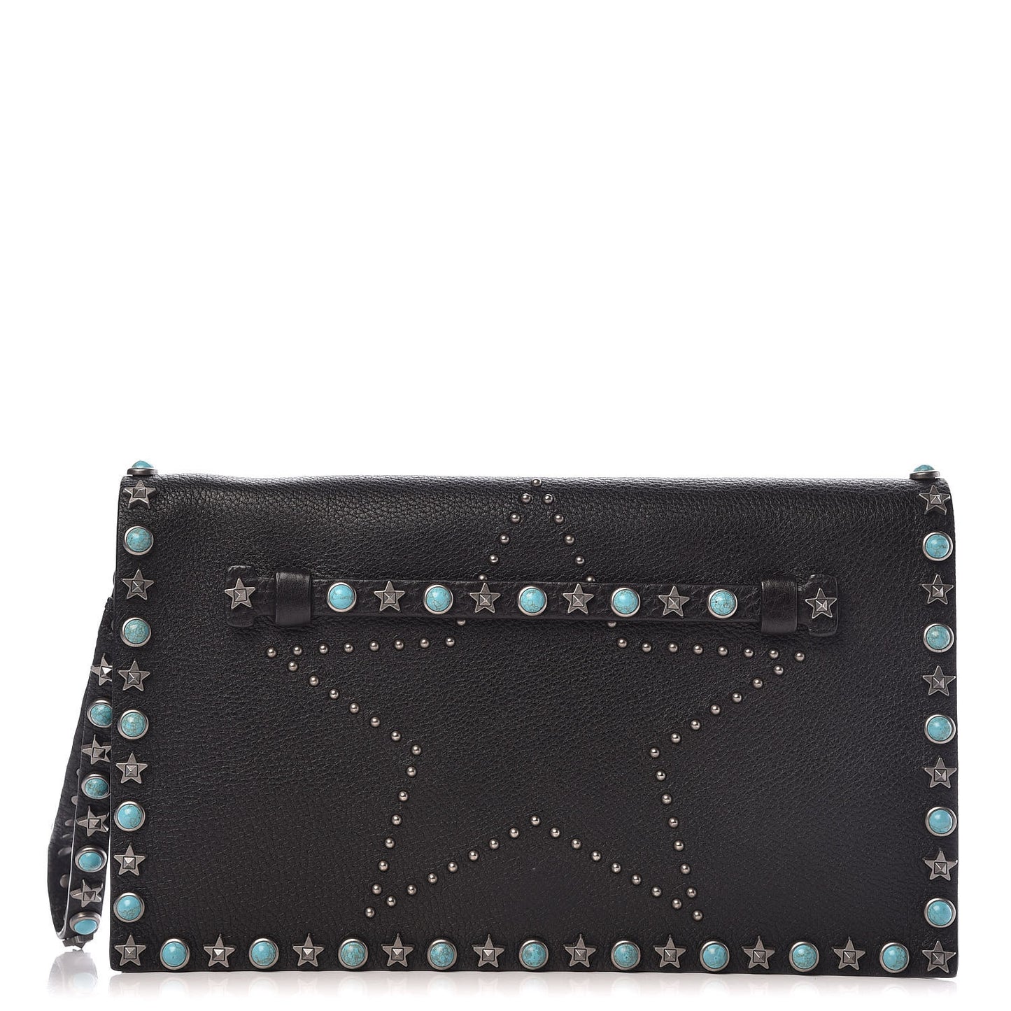Pebbled Calfskin Star Rockstud Rolling Wristlet Clutch Black