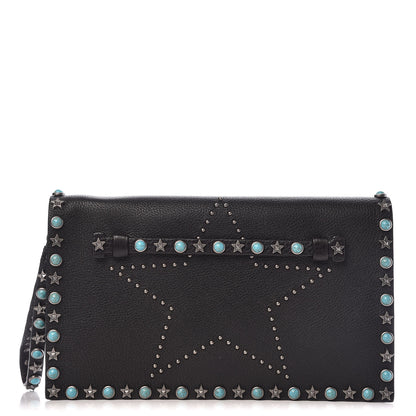 Valentino Garavani Pebbled Calfskin Star Rockstud Rolling Wristlet Clutch Black 1 of 11