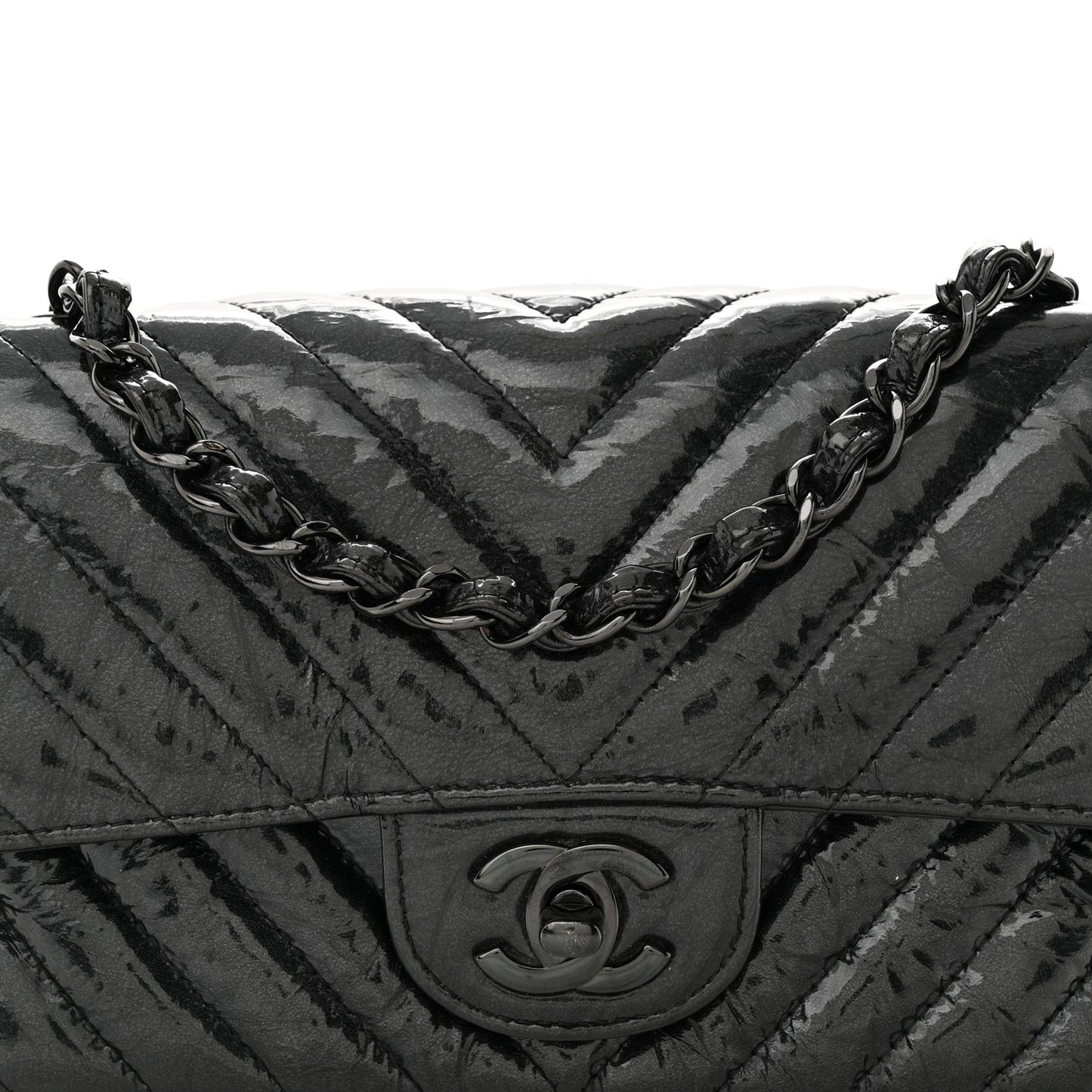 Patent Metallic Crumpled Calfskin Chevron Quilted Mini Rectangular Flap So Black