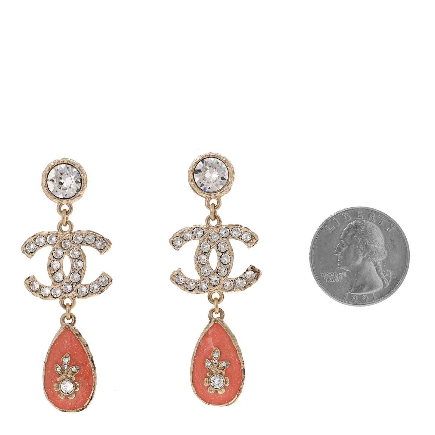 Crystal CC Tear Drop Earrings Gold Pink