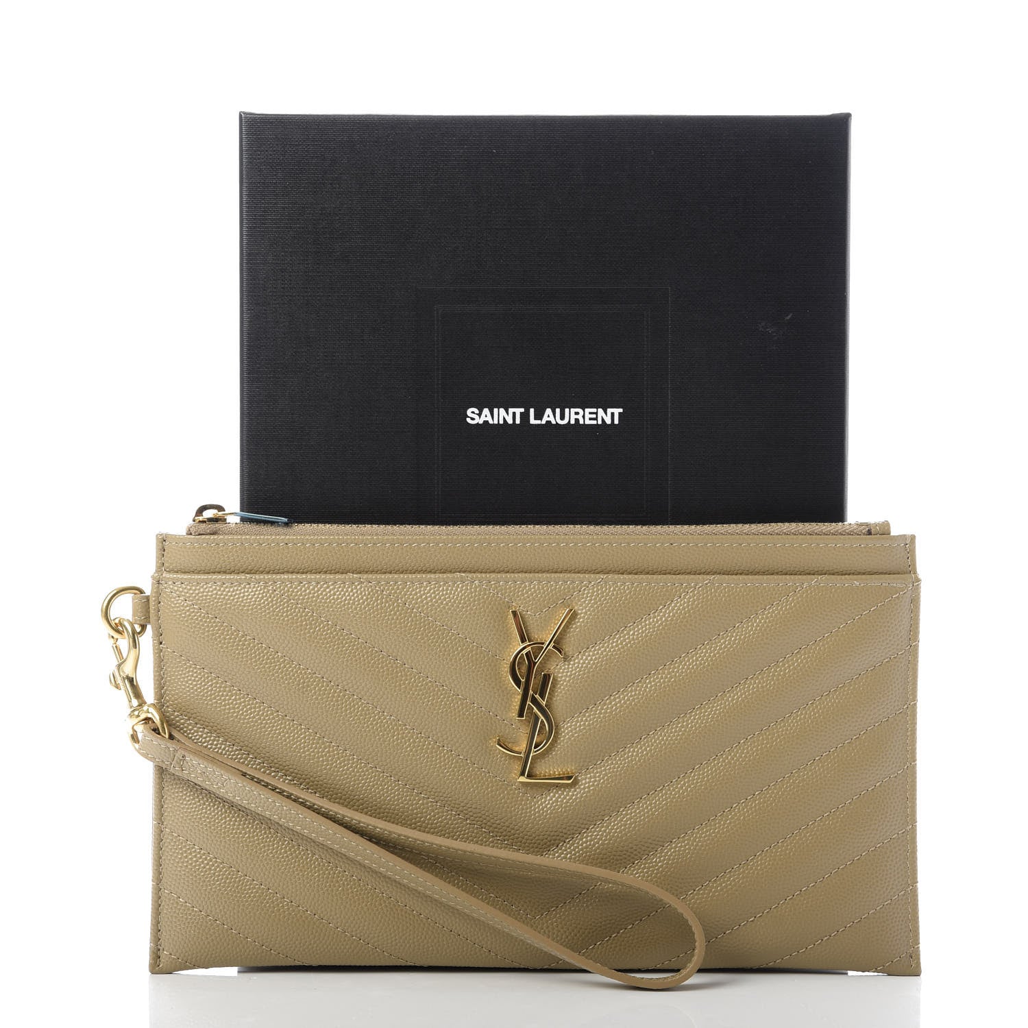 Saint Laurent Grain De Poudre Chevron Monogram Large Bill Pouch Cork 10 of 10