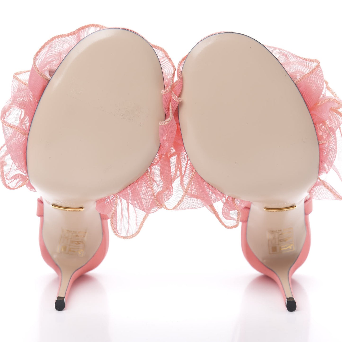Tulle Ruffle High Heel Slingback Sandals 35.5 Peach White