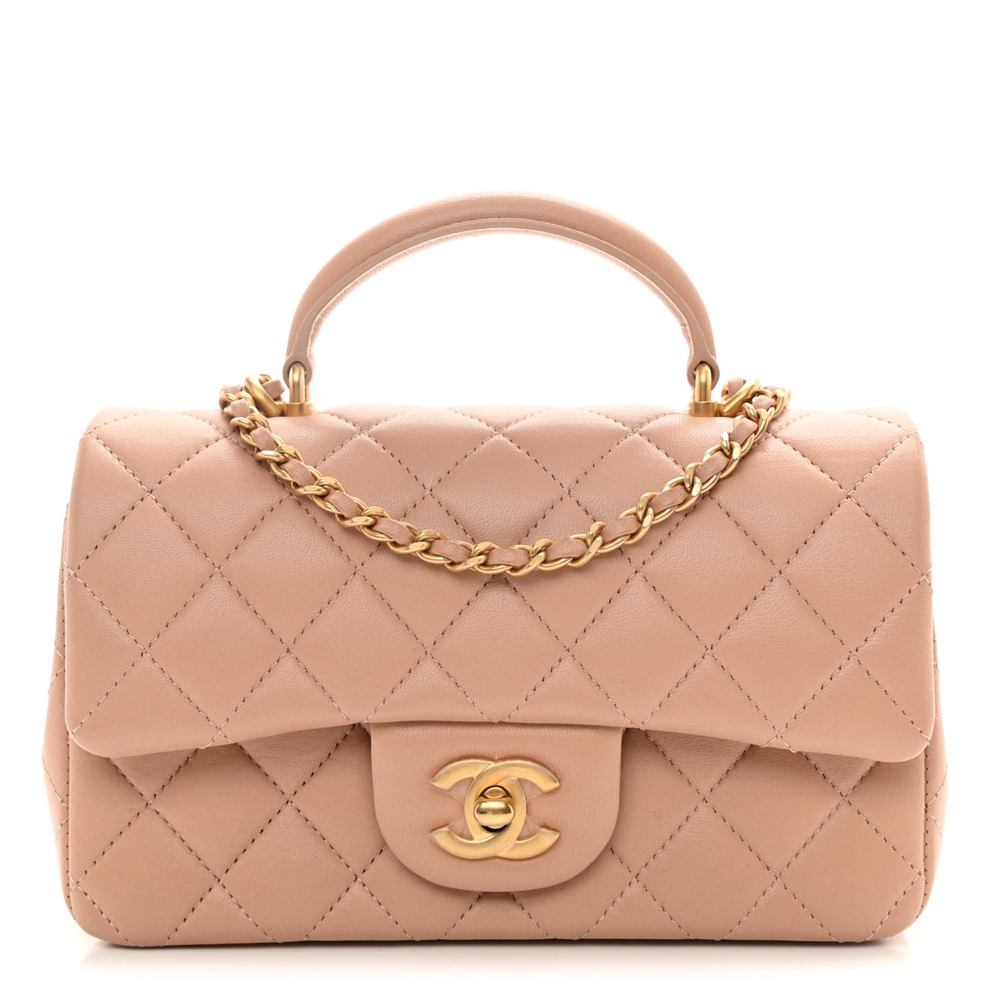 Lambskin Quilted Mini Top Handle Rectangular Flap Beige
