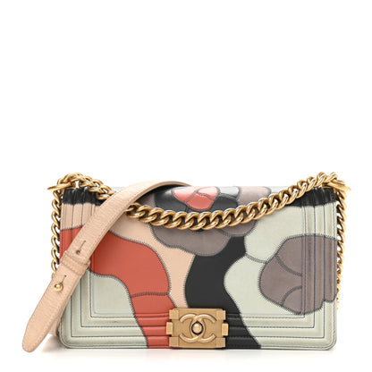Chanel Lambskin Suede Patchwork Medium Act I Camellia Boy Flap Charcoal Brown Pink 1 of 16