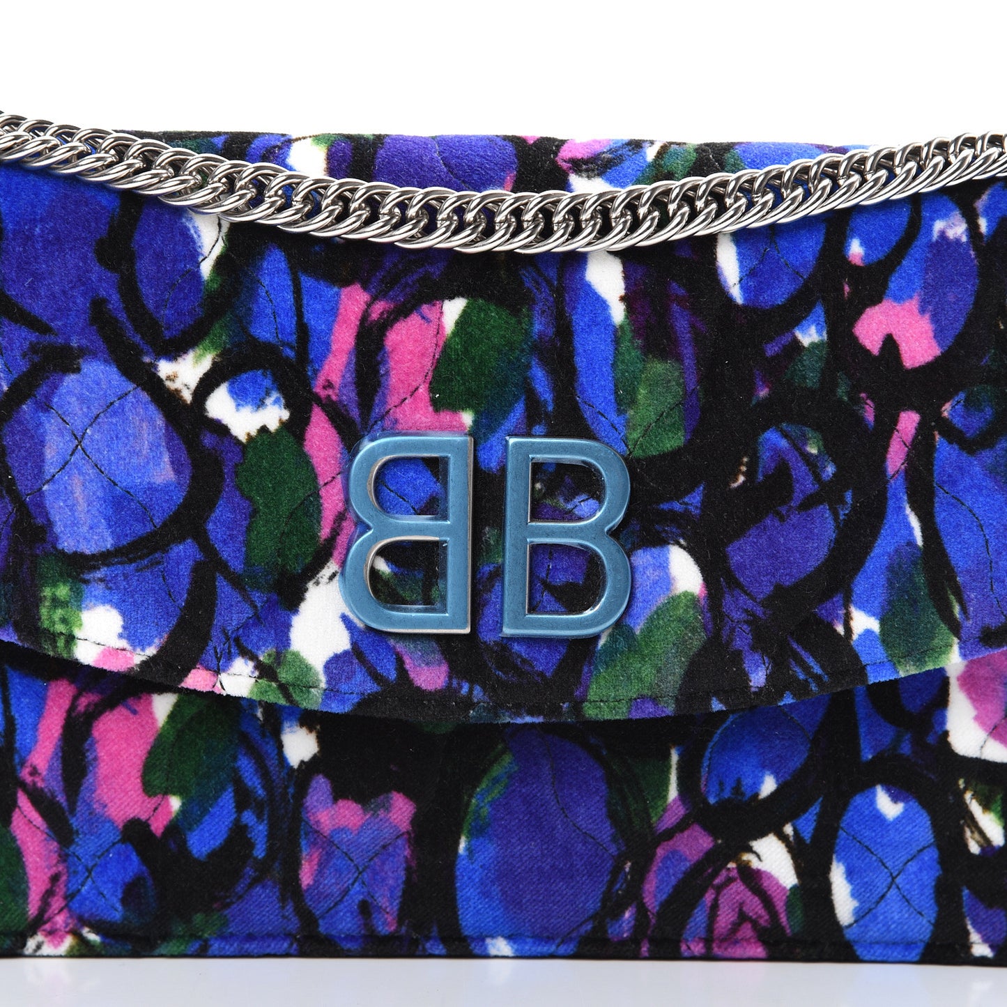 Velvet Floral Quilted BB Wallet On Chain Bleu