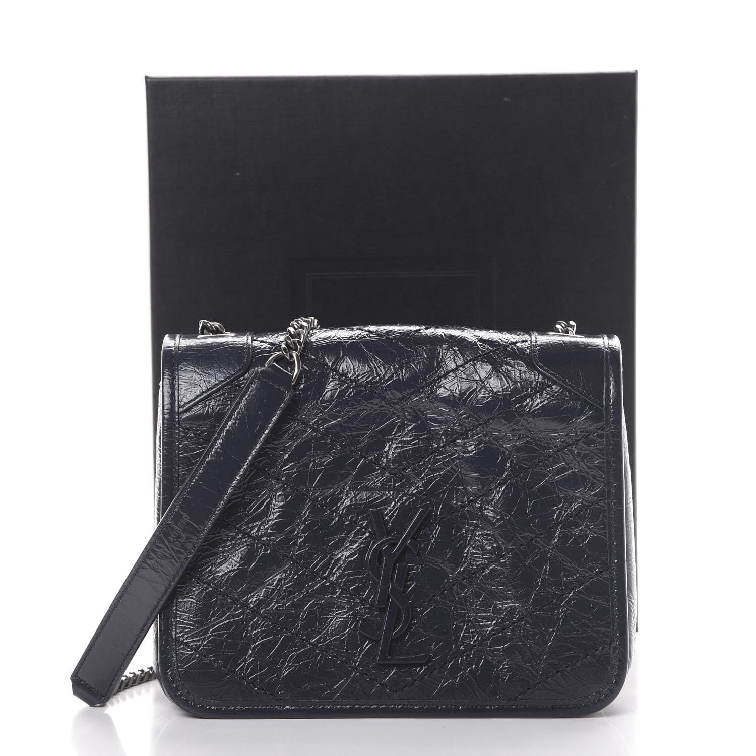 Saint Laurent Crinkled Calfskin Matelasse Monogram Niki Chain Wallet Deep Marine 10 of 10