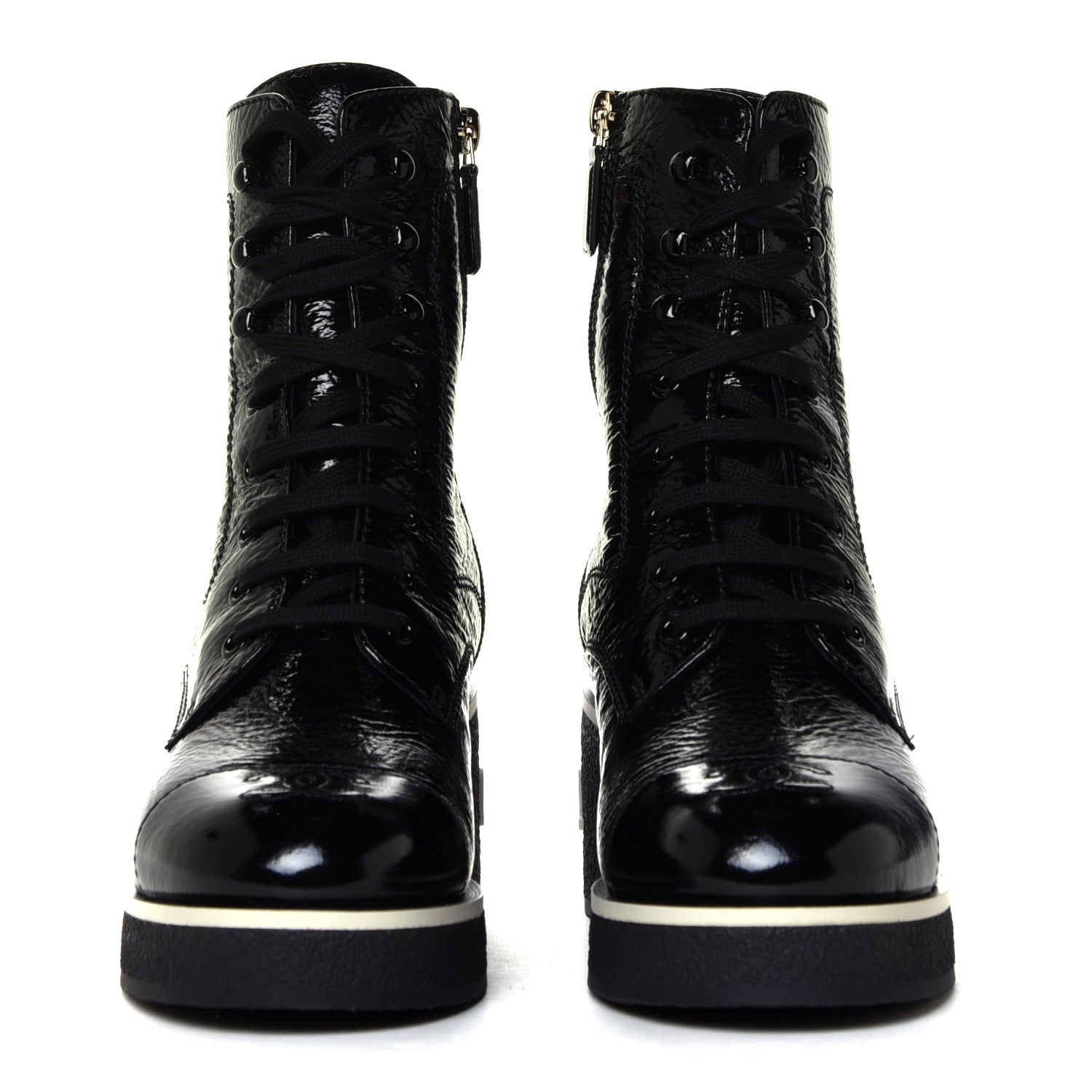 Chanel Shiny Crumpled Lambskin Lace Up Combat Boots 38.5 Black 7 of 12