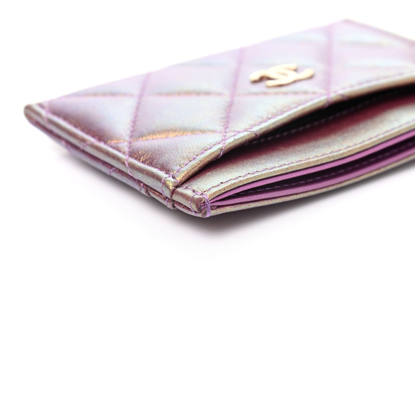 Iridescent Lambskin Quilted Card Holder Purple