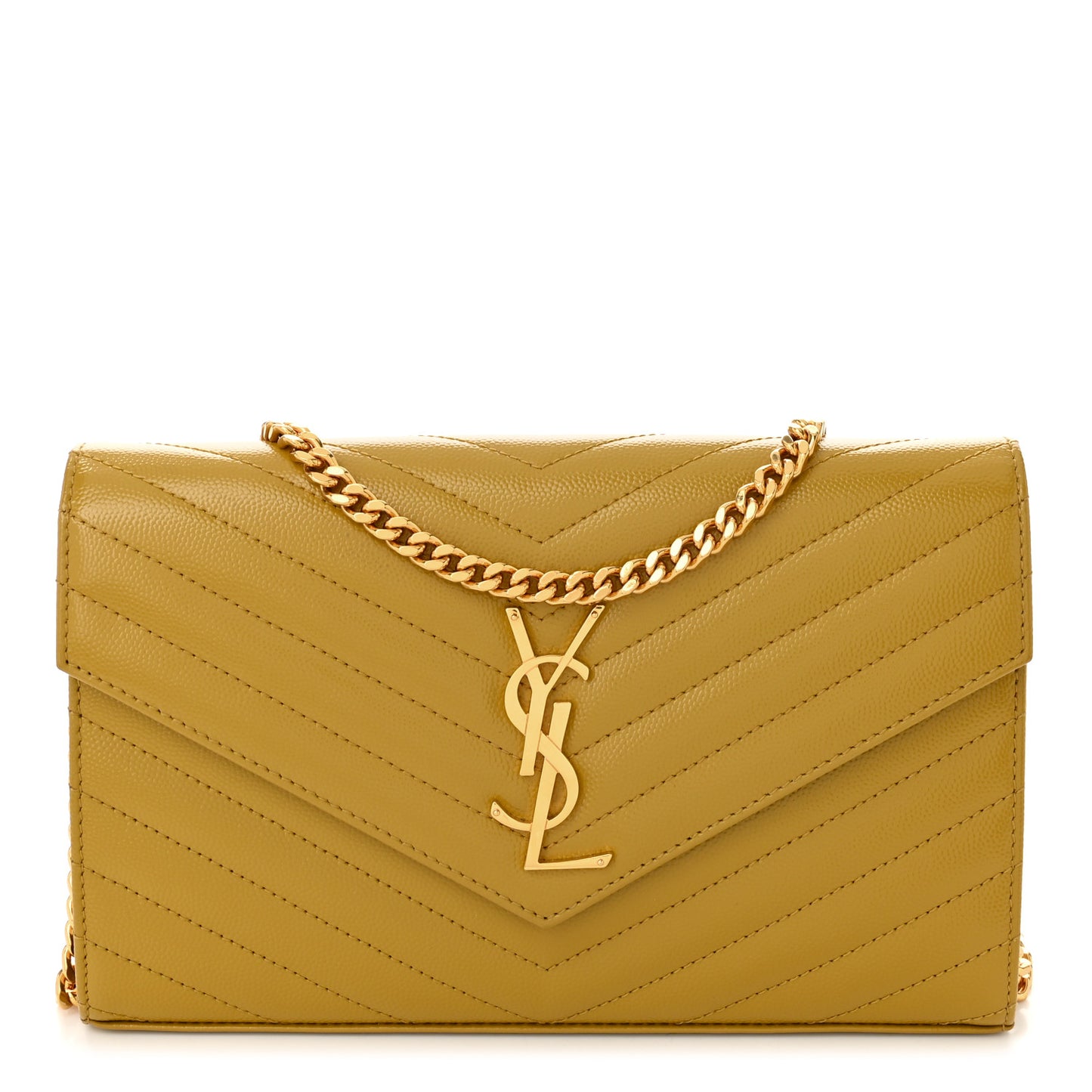 Grain De Poudre Matelasse Chevron Monogram Chain Wallet Light Chartreuse