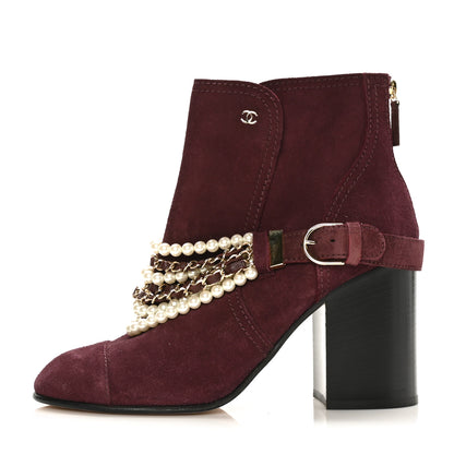 Chanel Suede Calfskin Pearl Cap Toe Short Boots 41 Burgundy 1 of 8