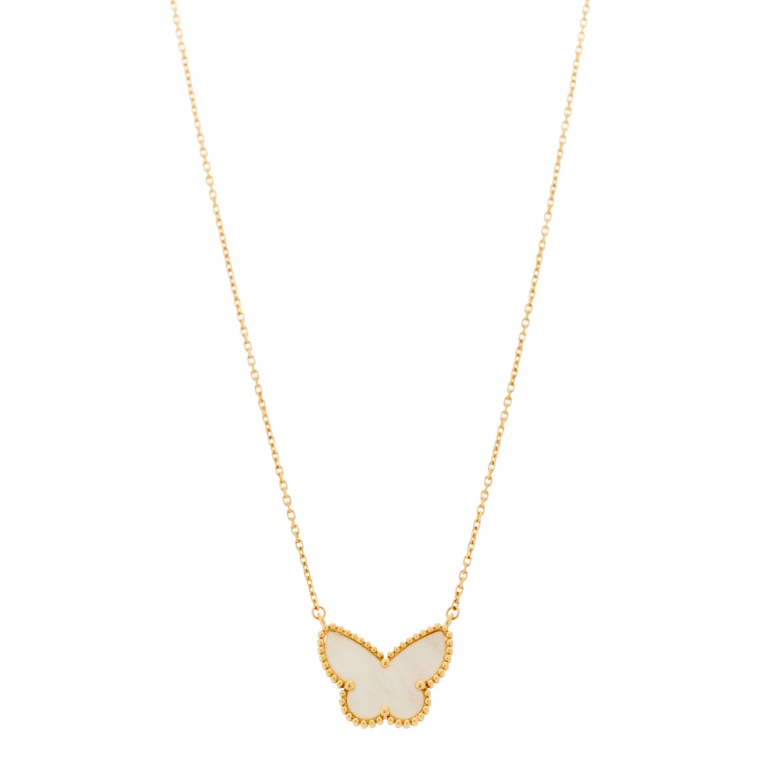 Van Cleef & Arpels 18k Yellow Gold Mother of Pearl Lucky Alhambra Butterfly Pendant Necklace 1 of 6