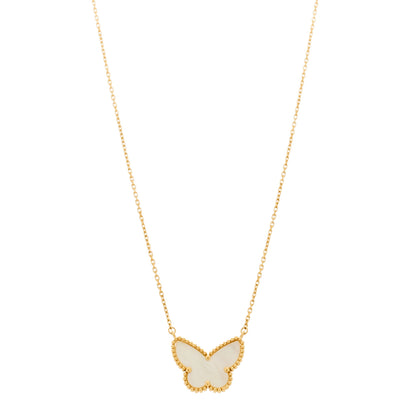 Van Cleef & Arpels 18k Yellow Gold Mother of Pearl Lucky Alhambra Butterfly Pendant Necklace 1 of 6