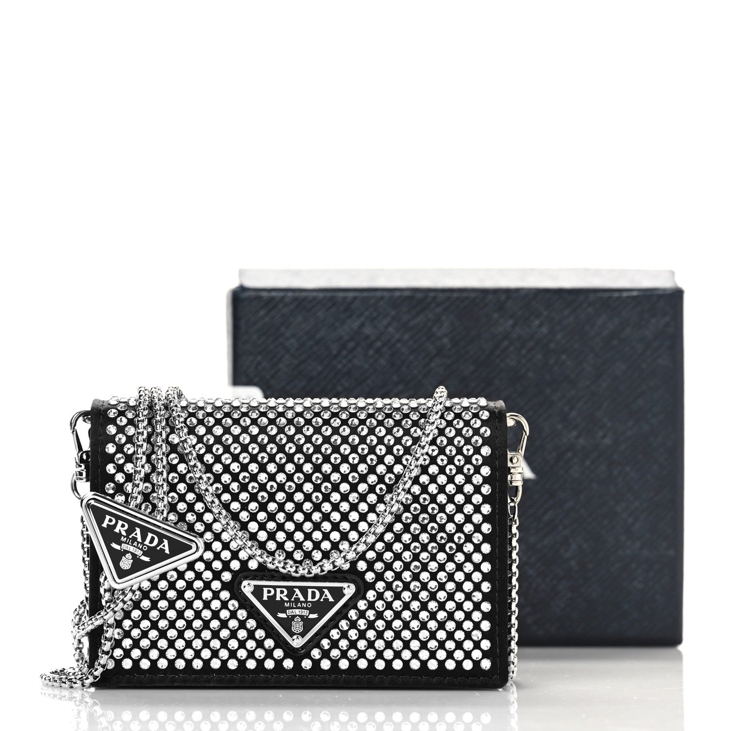 Prada Satin Crystal Metal Triangle Logo Card Holder With Strap Cristal 9 of 9