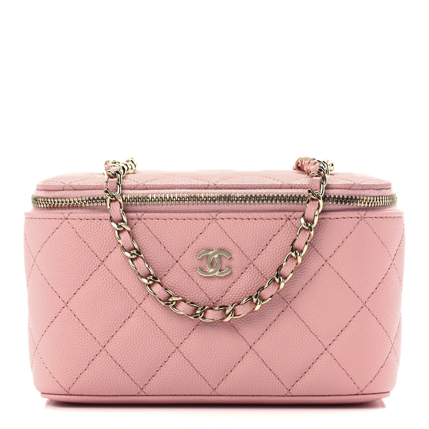 Caviar Quilted Small Vanity Case With Chain Pink