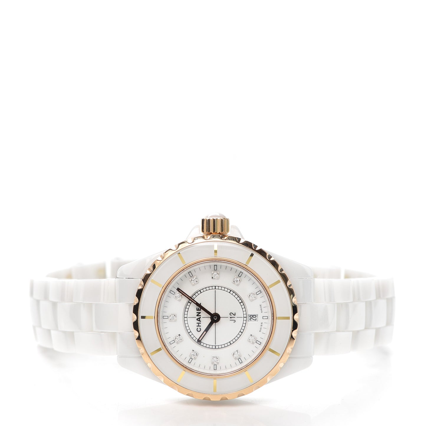 Stainless Steel 18K Beige Gold Ceramic Diamond 33mm J12 Quartz Watch White