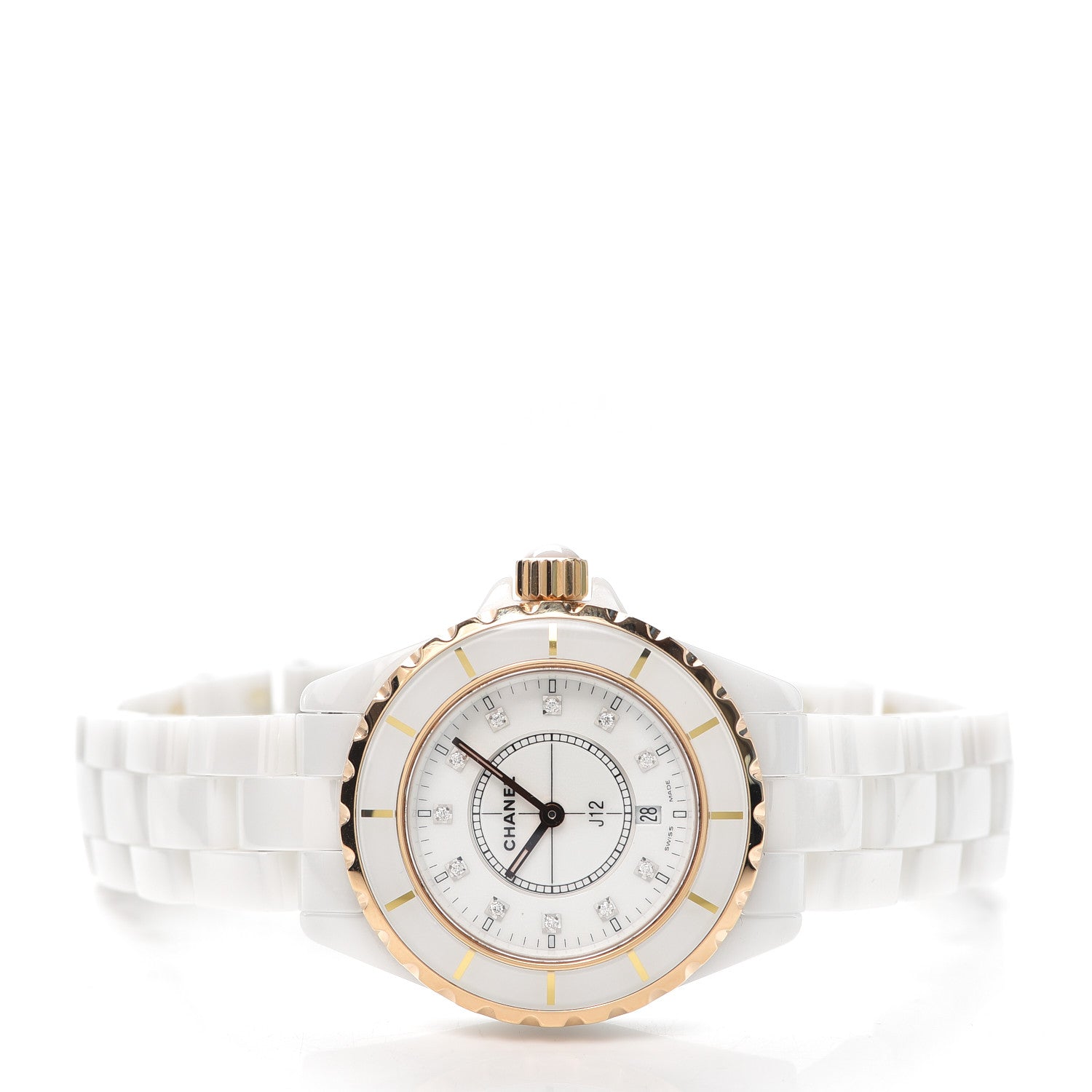 Chanel Stainless Steel 18K Beige Gold Ceramic Diamond 33mm J12 Quartz Watch White 2 of 5