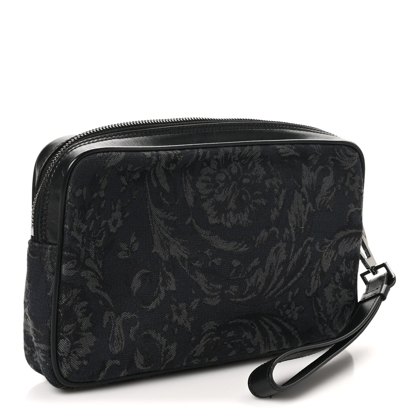 Fabric Jacquard Calfskin Barocco Wristlet Pouch Black