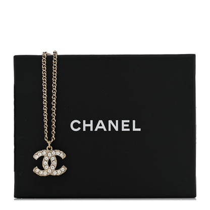Chanel Metal Pearl Crystal CC Textured Pendant Necklace Gold 7 of 7