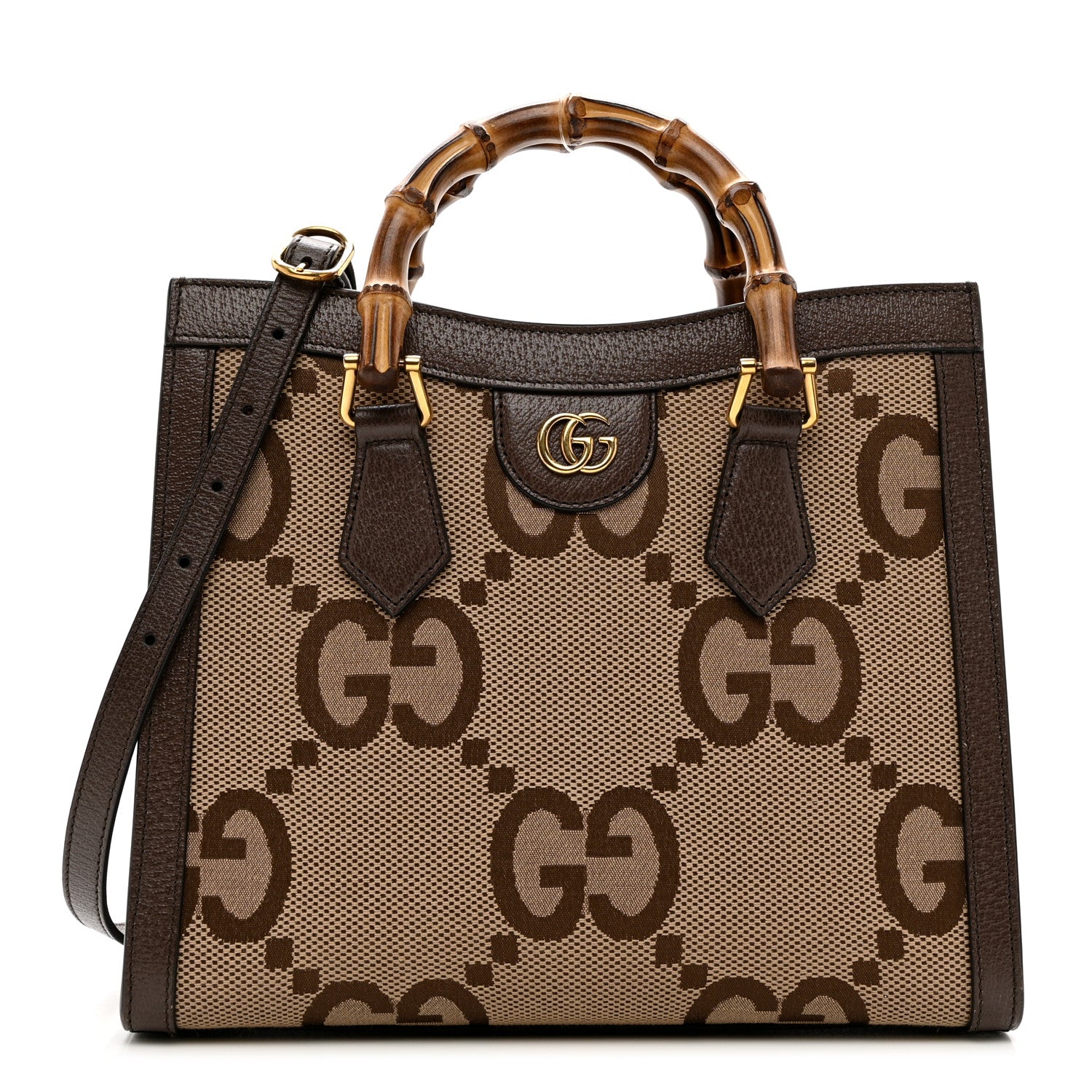 Gucci Monogram Jumbo GG Textured Dollar Calfskin Small Diana Tote Bag Camel Ebony New Acero 1 of 8