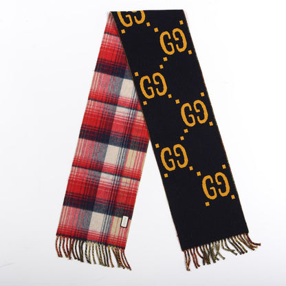 Gucci Wool GG Monogram Plaid Tartan Free Scarf Navy Red 2 of 4