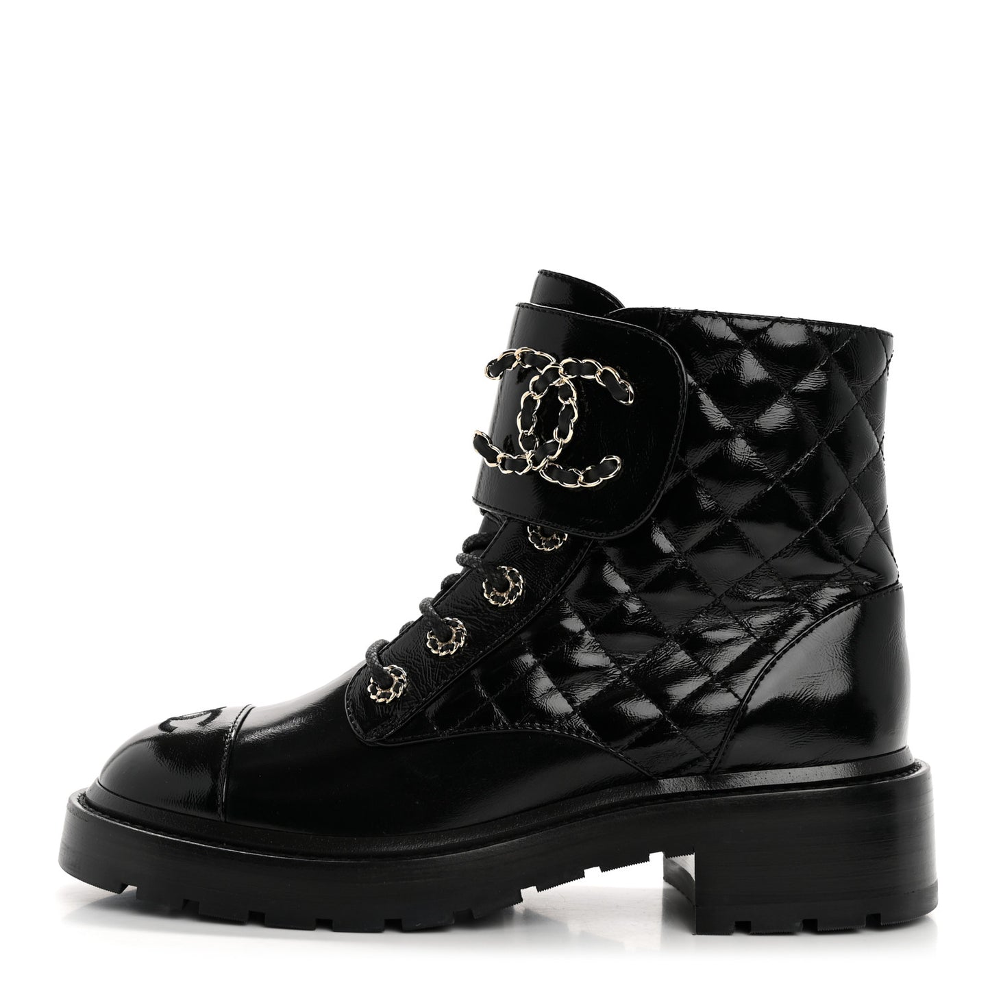 Shiny Calfskin Quilted Lace Up Combat Boots 38 Black