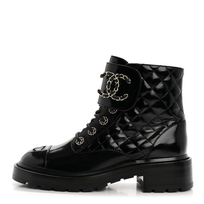 Chanel Shiny Calfskin Quilted Lace Up Combat Boots 38 Black 1 of 10