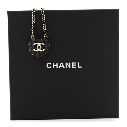Chanel Tweed Lambskin CC Heart Locket Necklace Gold Black Beige 9 of 9