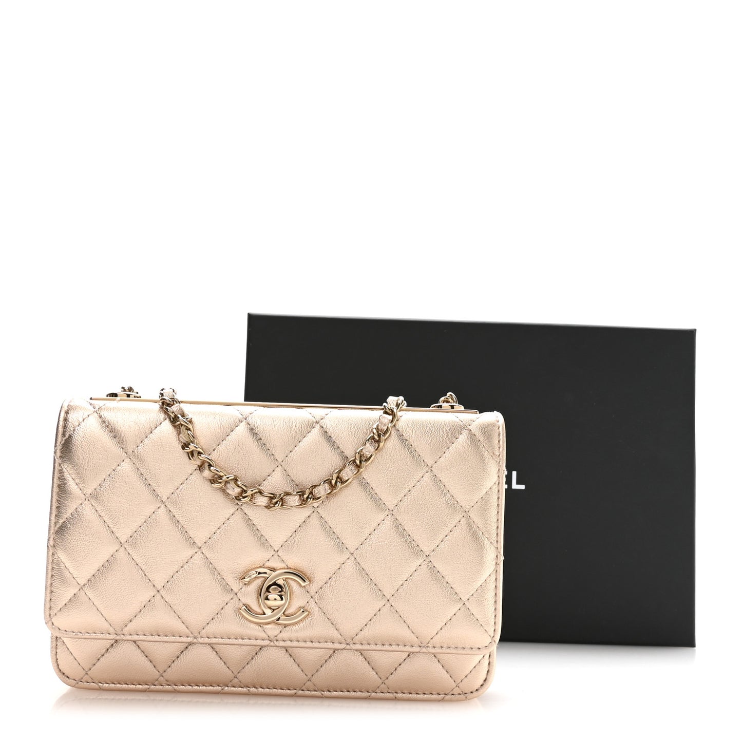 Metallic Lambskin Quilted Trendy CC Wallet On Chain WOC Gold
