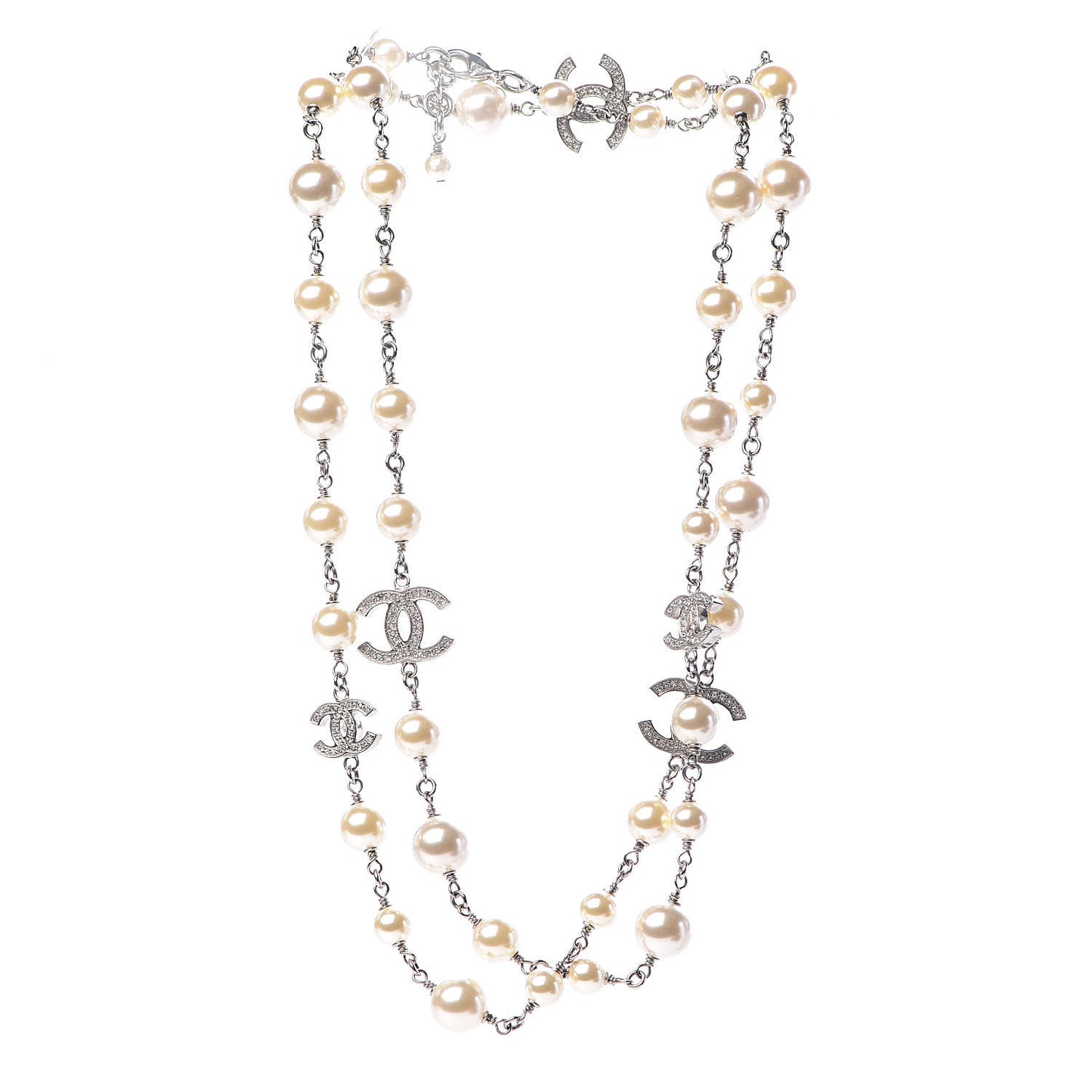 Graduated Pearl Crystal CC Long Necklace Silver