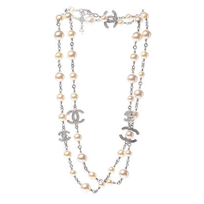 Chanel Graduated Pearl Crystal CC Long Necklace Silver 3 of 5