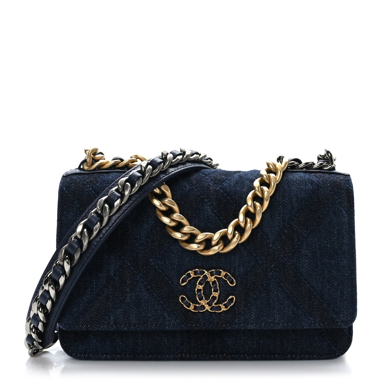 Denim Quilted Chanel 19 Wallet On Chain WOC Blue