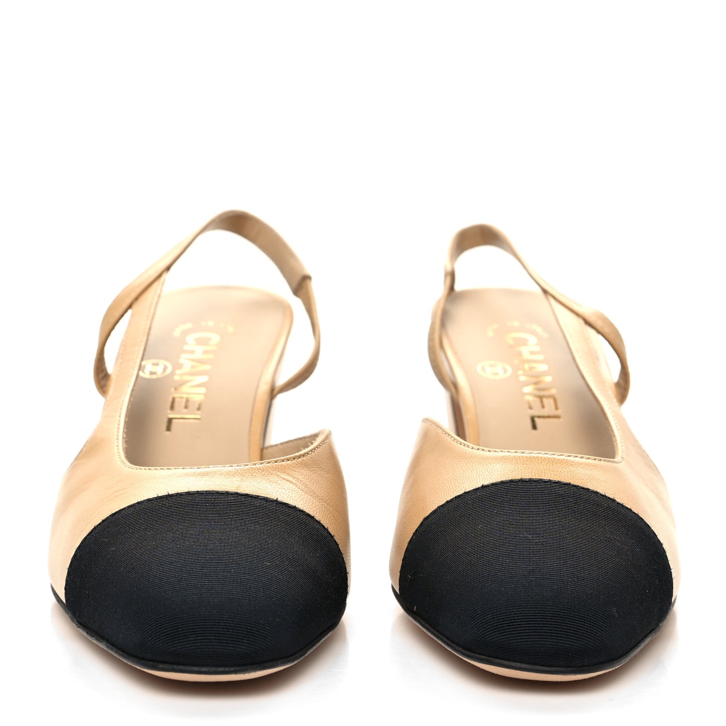 Goatskin Grosgrain Cap Toe CC Slingback Pumps 36.5 Beige Black