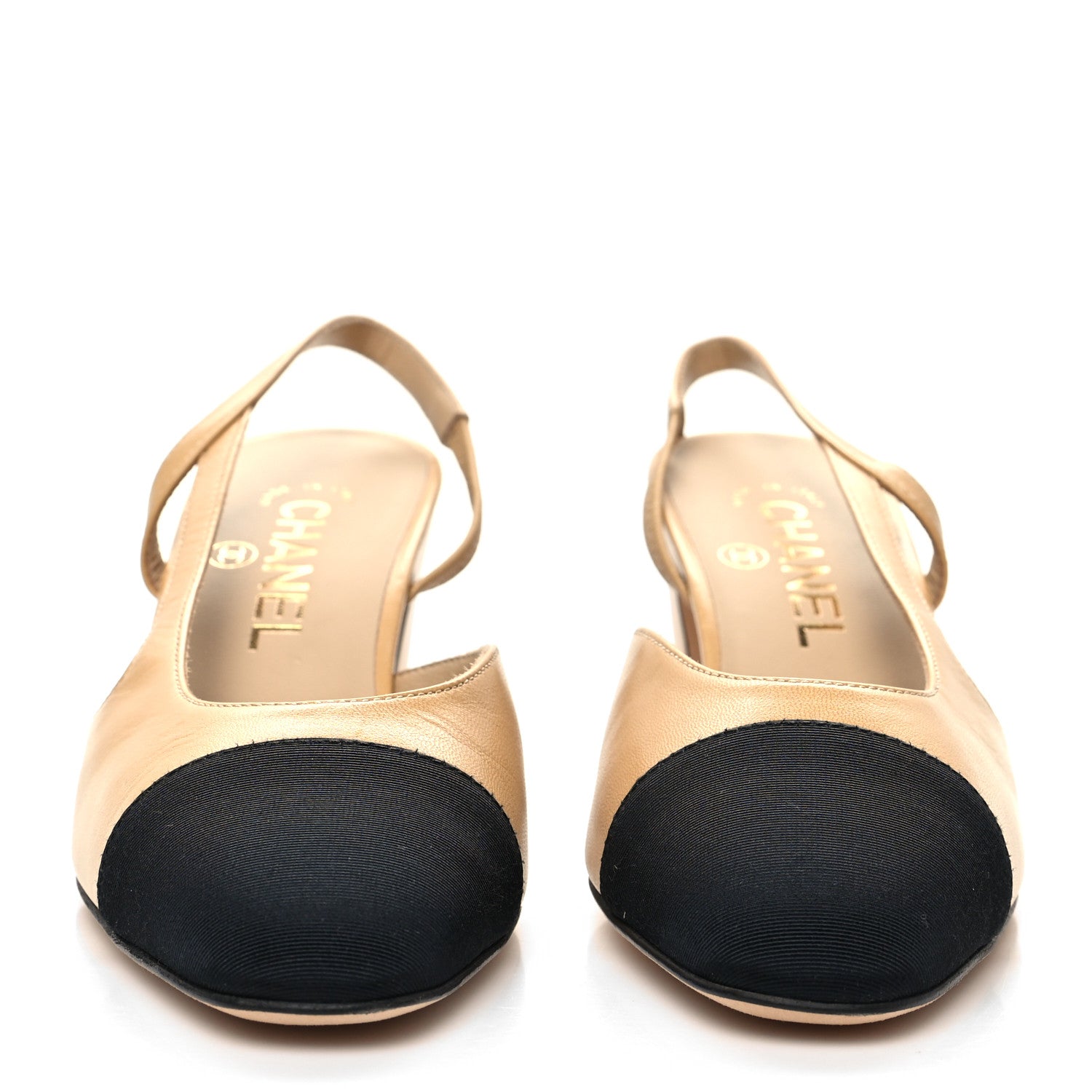 Chanel Goatskin Grosgrain Cap Toe CC Slingback Pumps 36.5 Beige Black 2 of 8