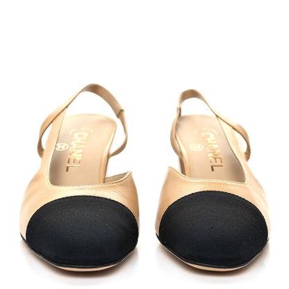 Chanel Goatskin Grosgrain Cap Toe CC Slingback Pumps 36.5 Beige Black 2 of 8