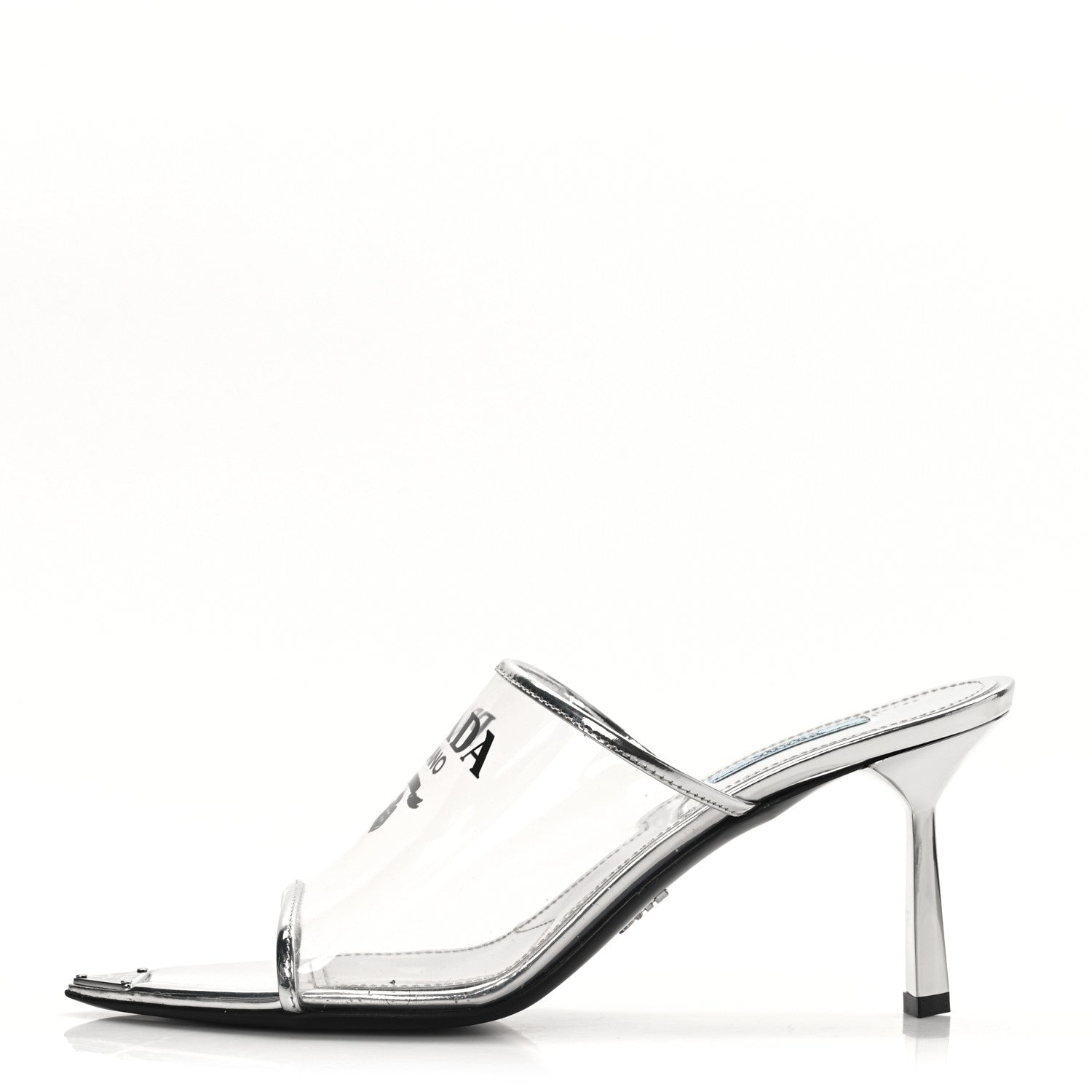 Prada Plexiglass Metallic Calfskin Metal Triangle Logo 75mm Slide Sandals 40 Argento 1 of 8