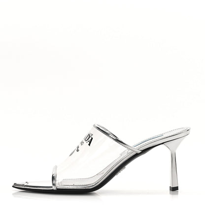 Prada Plexiglass Metallic Calfskin Metal Triangle Logo 75mm Slide Sandals 40 Argento 1 of 8