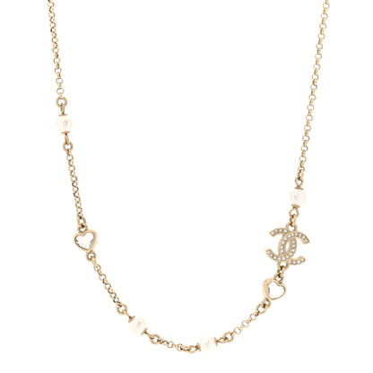 Chanel Pearl Crystal CC Heart Chain Short Necklace Gold 1 of 4