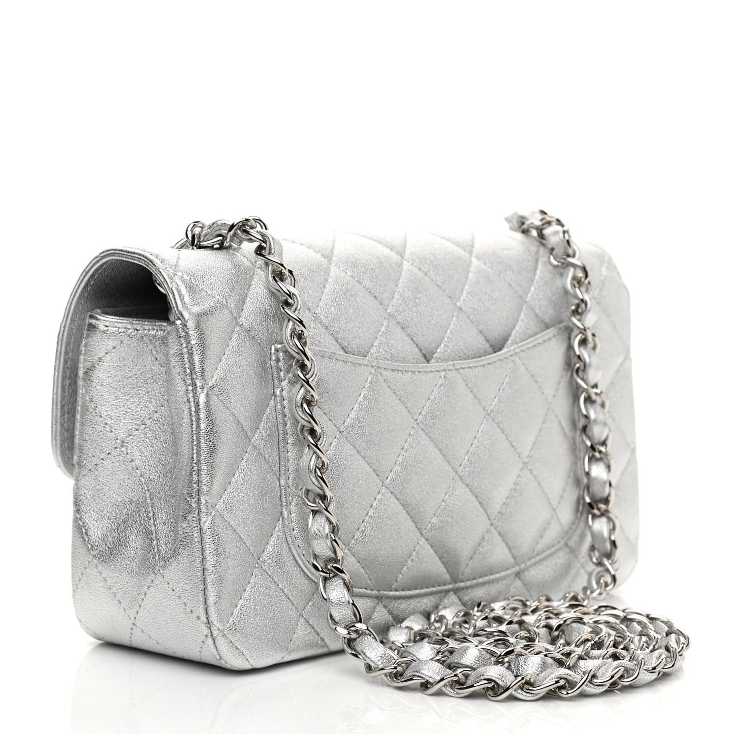 Metallic Lambskin Quilted Mini Rectangular Flap Silver