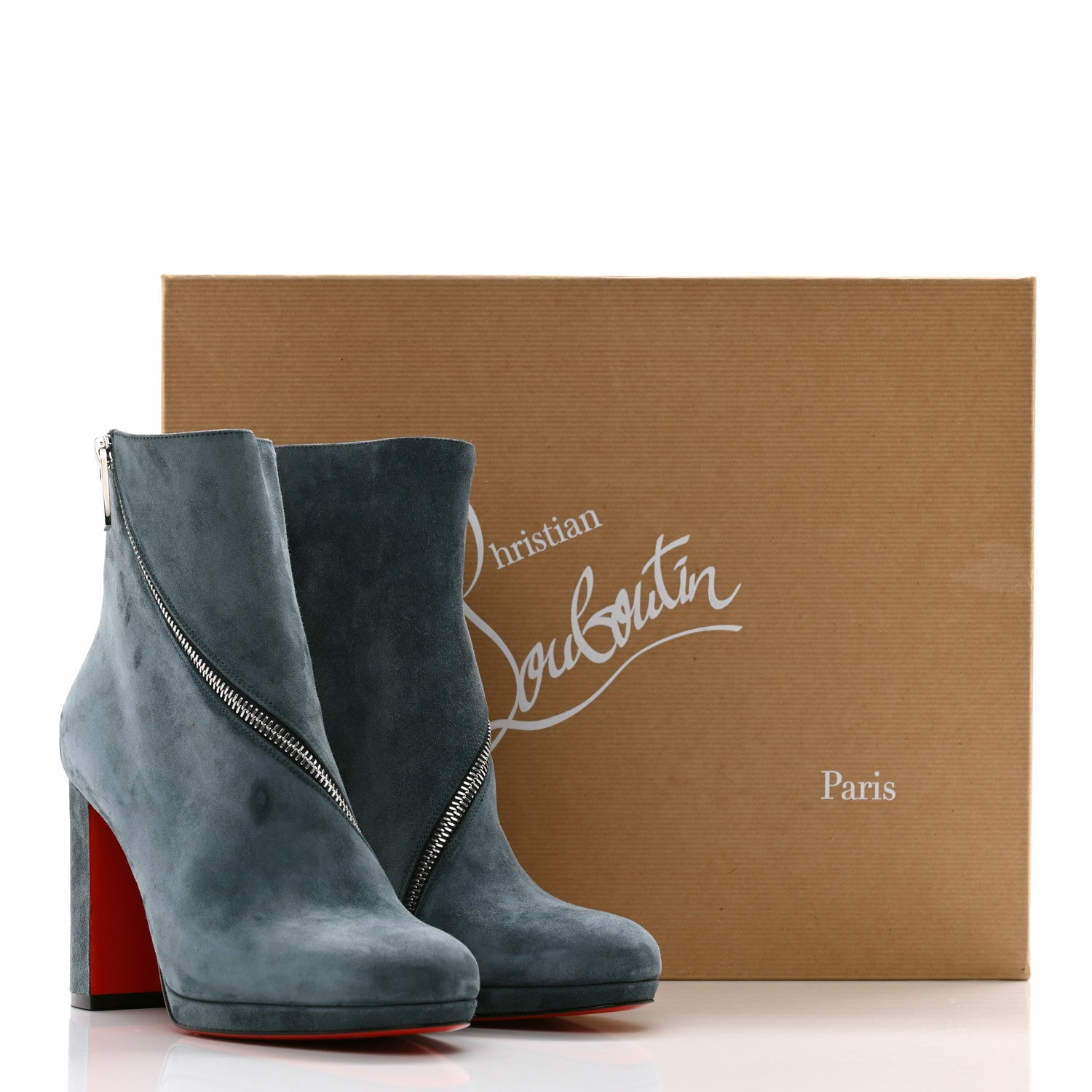 Christian Louboutin Veau Velours Birgitta 100 Zip Around Ankle Bootie 37.5 Tempete 8 of 8