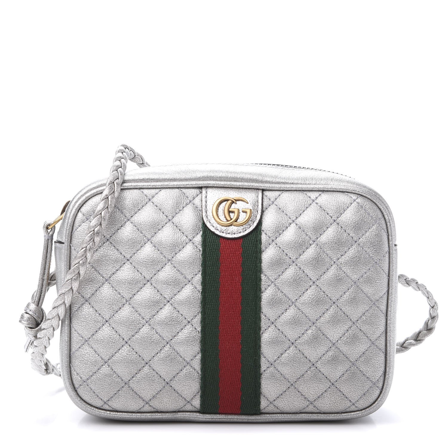 Gucci Laminated Nappa Web Trapuntata Mini GG Shoulder Bag Argento 1 of 12