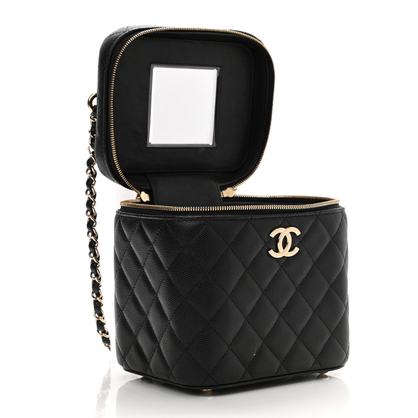 Caviar Quilted Small Top Handle Vanity Case With Chain Black