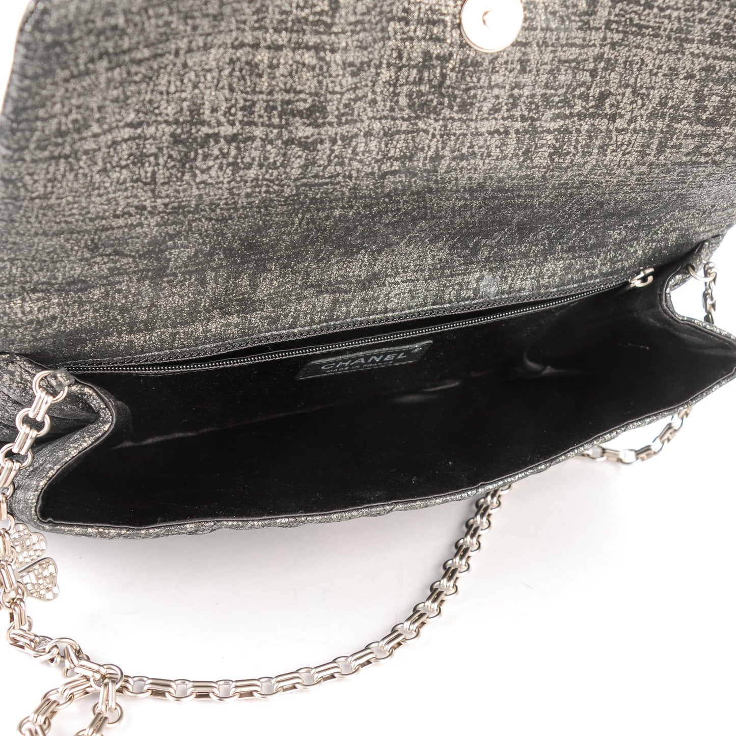 Glitter Fabric Quilted Flap Clutch With Butterfly Chain Black