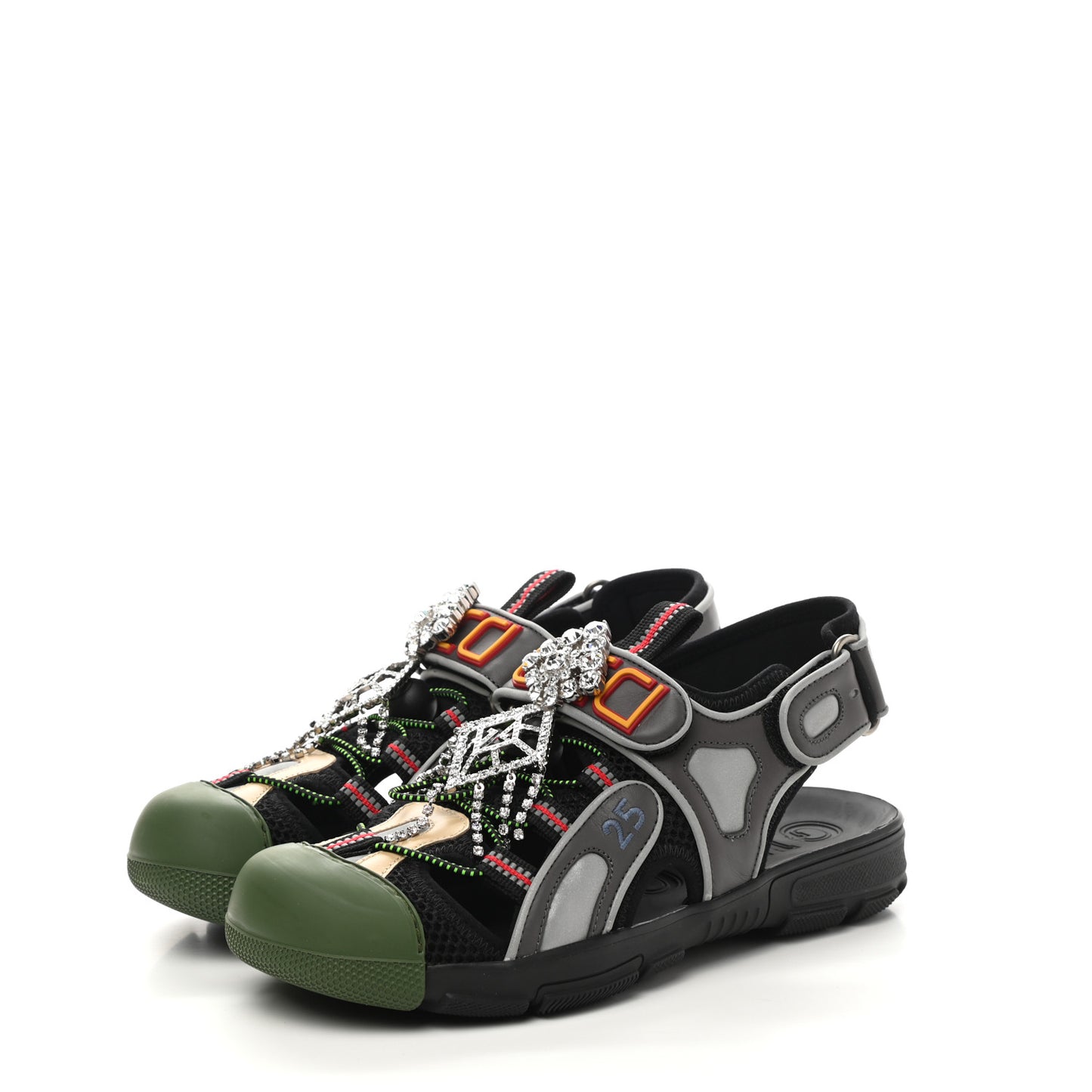 Mesh Fabric Tinsel Sport Sandals 37 Black Silver Green