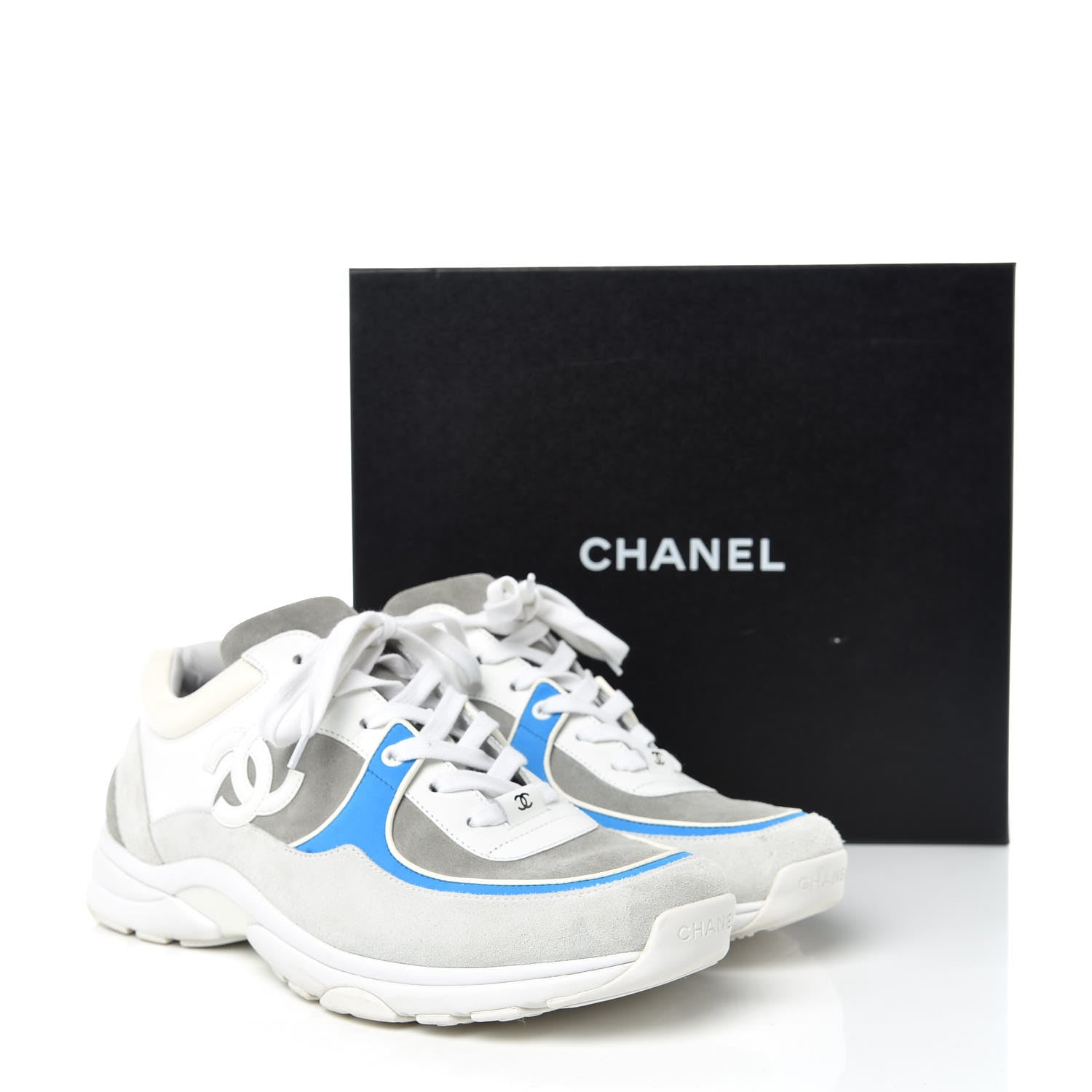 Chanel Suede Calfskin Mens CC Sneakers 43 White Grey Blue 12 of 12