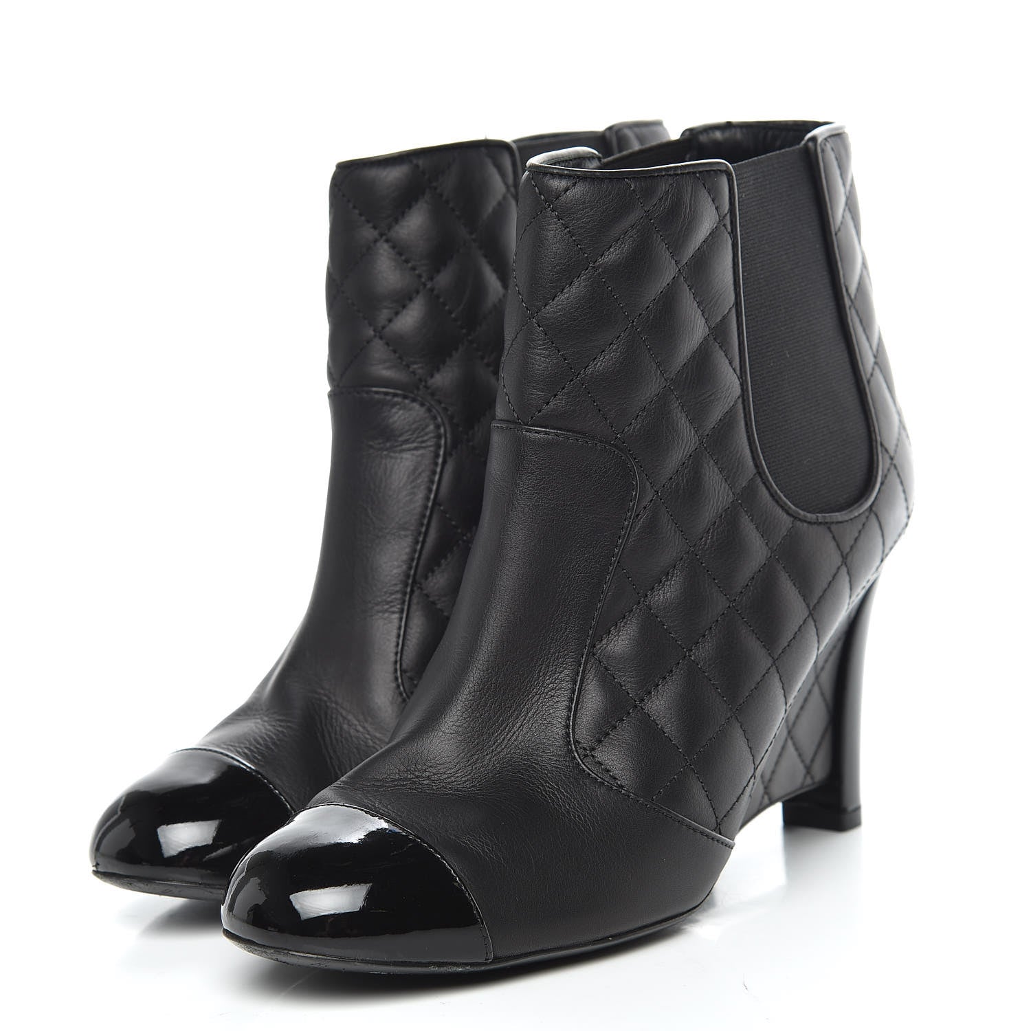 Chanel Lambskin Patent Quilted Wedge Ankle Boots 39 Black 3 of 14