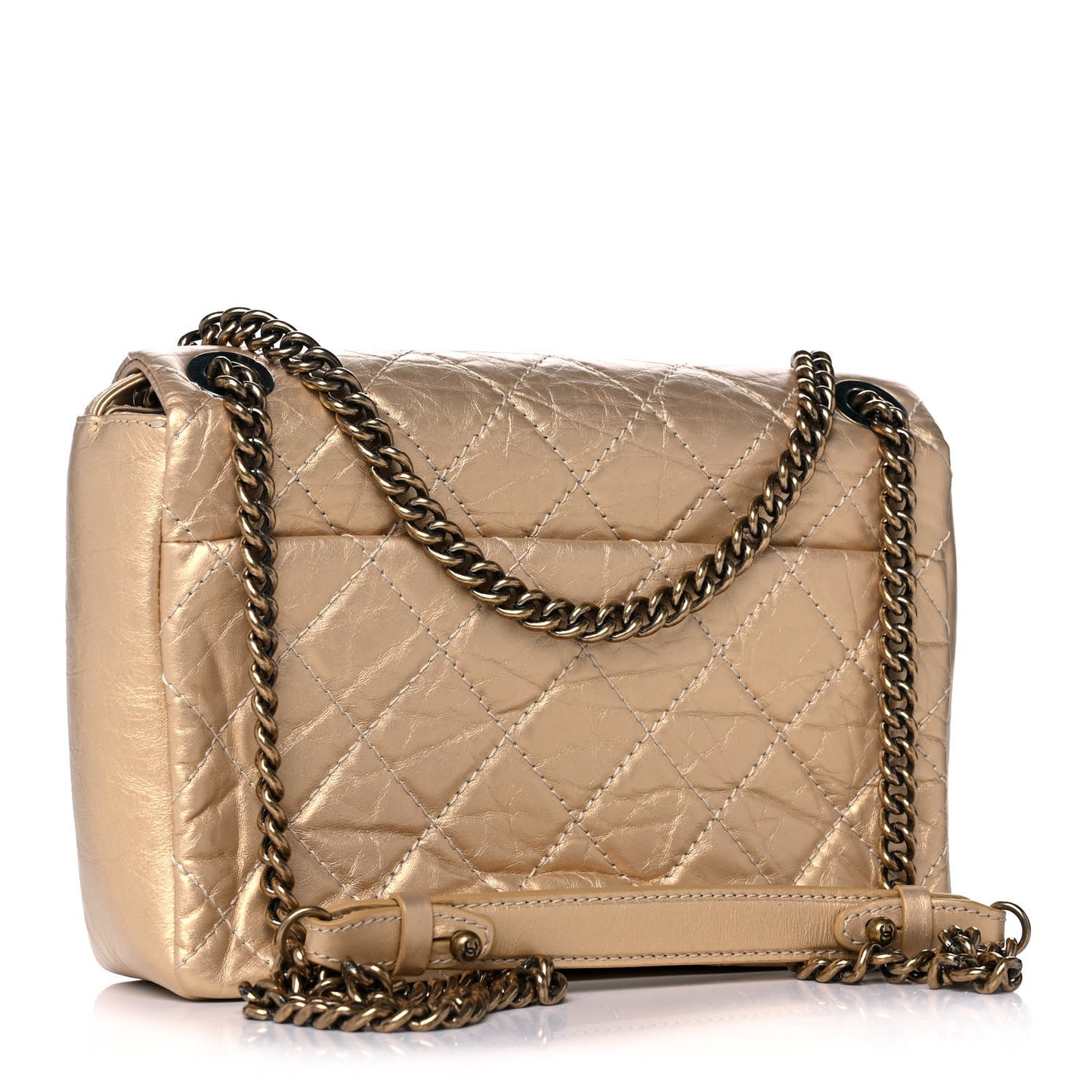 Metallic Aged Calfskin Quilted CC Square Flap Light Gold