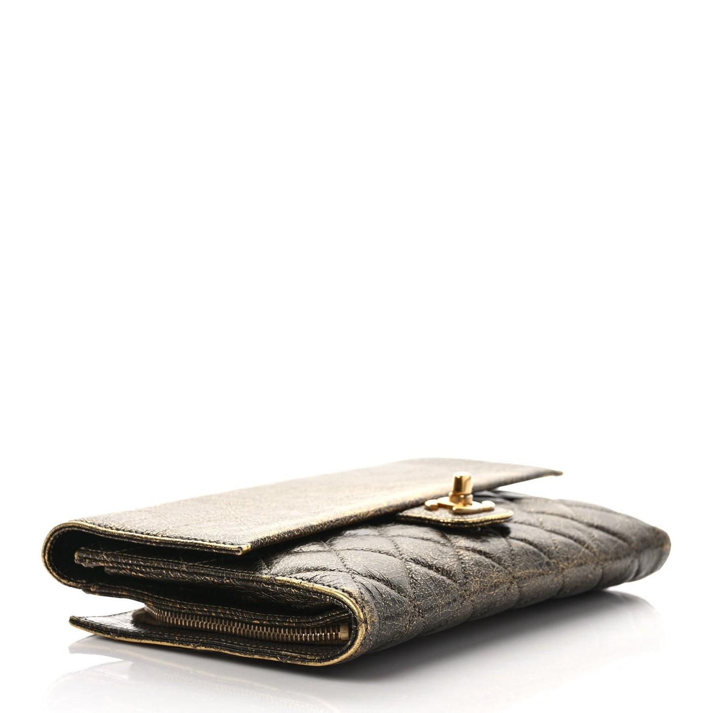 Cracked Metallic Calfskin Quilted Zip Away Chain Clutch Gold